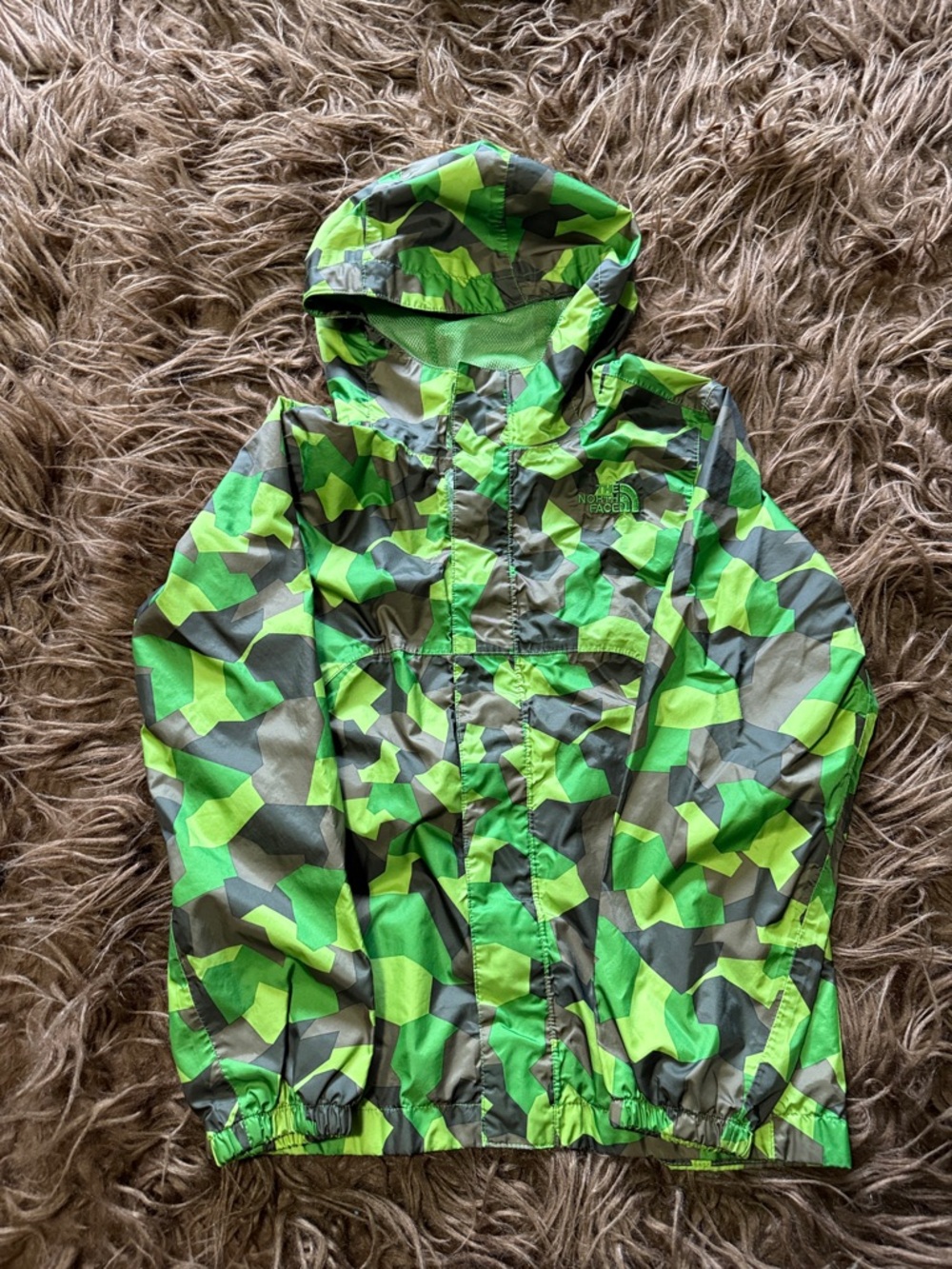 The North Face Neon Green & Olive Camo Hooded Windbreaker